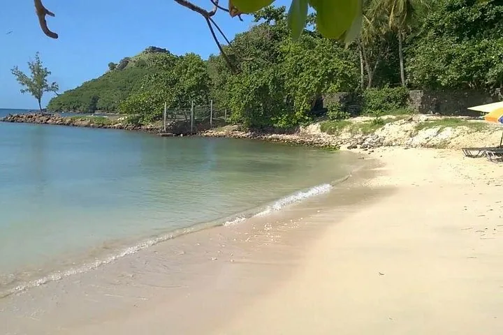 Sandy beach area with gentle waves, rocks, and trees on the shoreline.